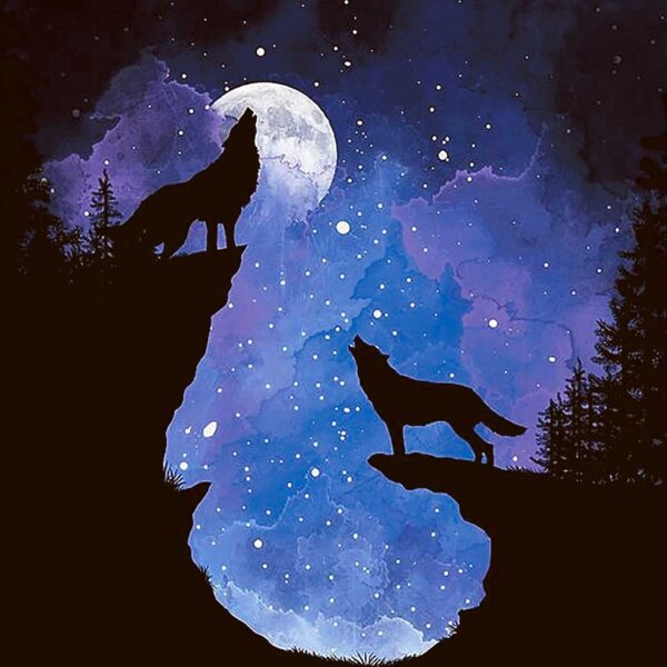 Silhouettes of howling wolves on rocky cliffs with a glowing moon and starry purple-blue galaxy sky in the background.