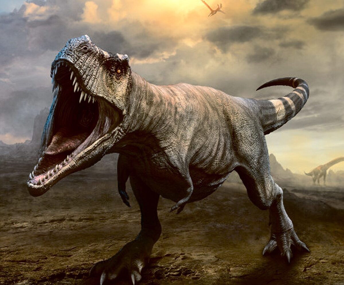 Fierce T. rex roaring under a stormy sky with pterosaurs flying in the distance