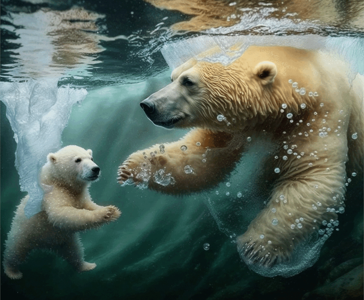 Mother and baby polar bears swimming underwater surrounded by bubbles