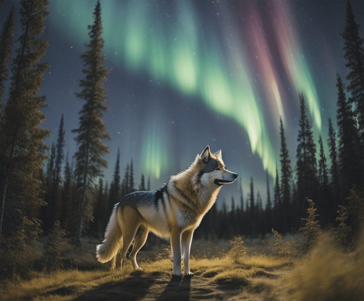 Lone wolf standing in a forest clearing under the northern lights with glowing aurora colors in the night sky.