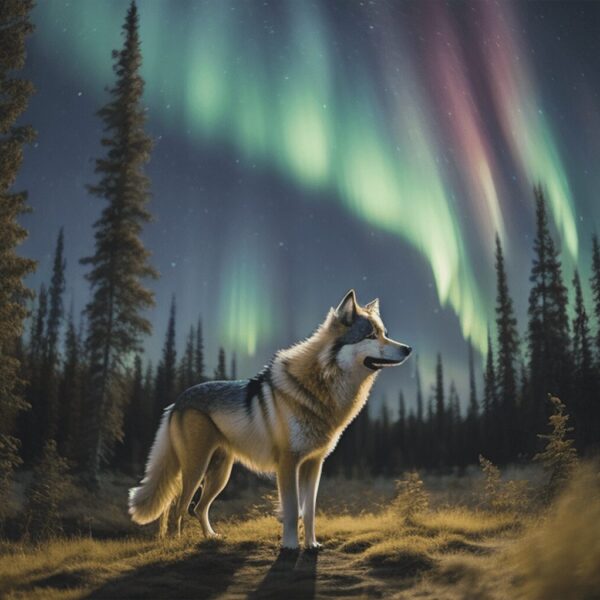Lone wolf standing in a forest clearing under the northern lights with glowing aurora colors in the night sky.