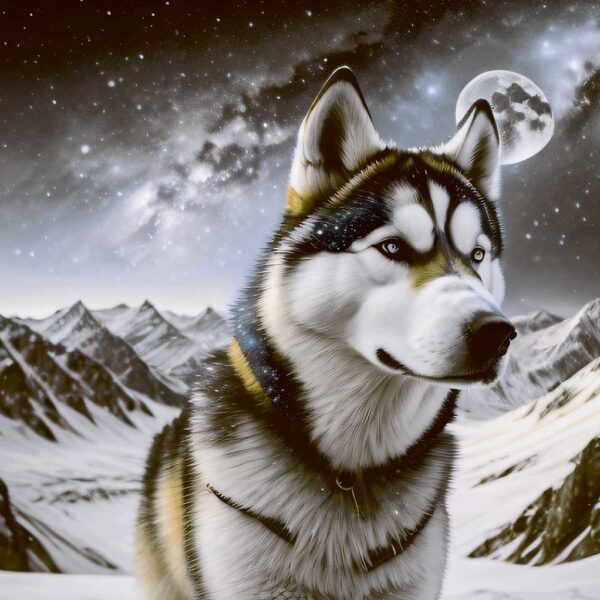 Majestic husky with starry fur under a galactic sky and full moon in a snowy mountain landscape.