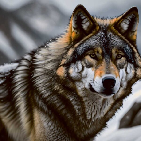Close-up portrait of a striking timber wolf in a snowy mountain setting with detailed fur and focused golden eyes.