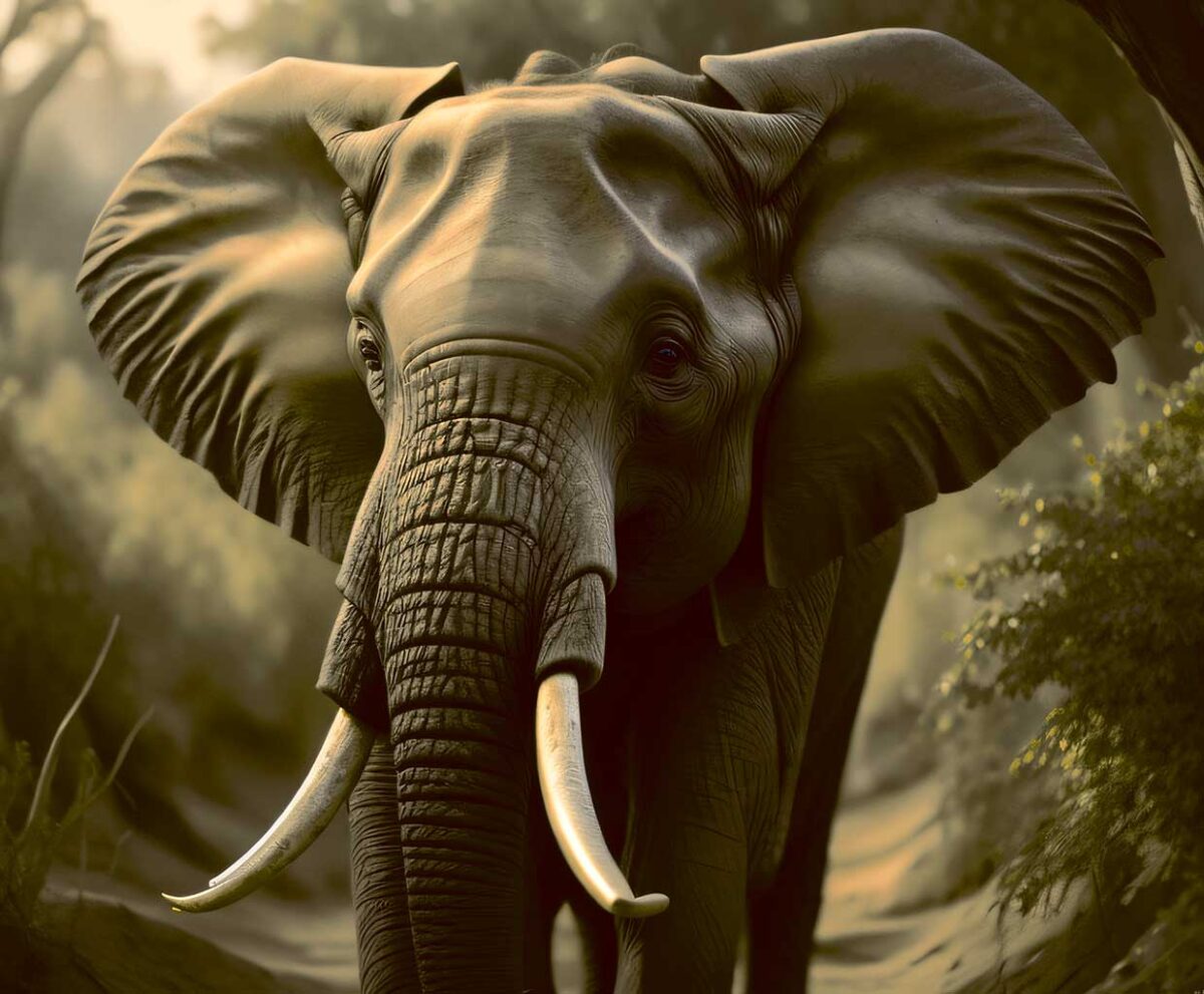 A regal bull elephant with large tusks walking through the jungle, bathed in golden light