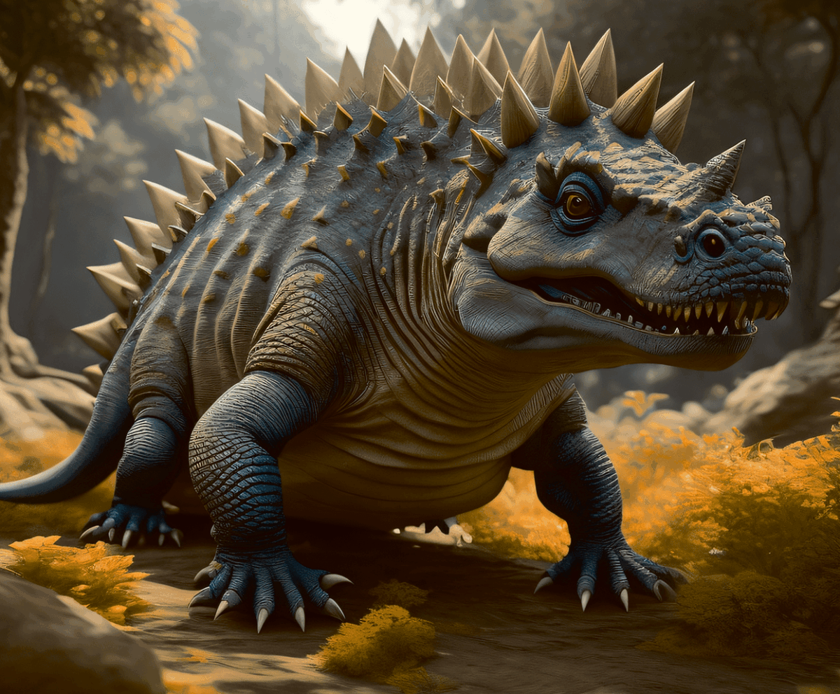 Realistic armored dinosaur with heavy scales and sharp back spikes in a forest setting