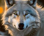 Close-up portrait of a majestic grey wolf with golden eyes and thick fur illuminated by soft evening light.
