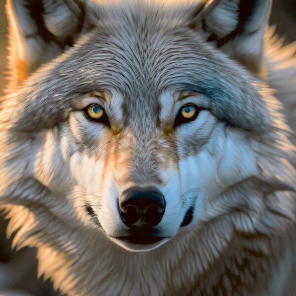 Close-up portrait of a majestic grey wolf with golden eyes and thick fur illuminated by soft evening light.