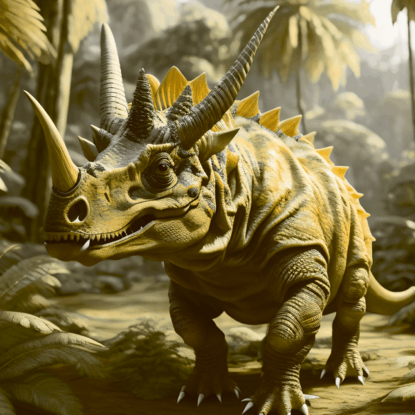Realistic three-horned dinosaur with armored frill standing in a jungle environment