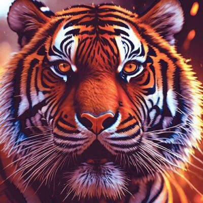 Intense tiger portrait with glowing orange eyes and ember like sparks in the background