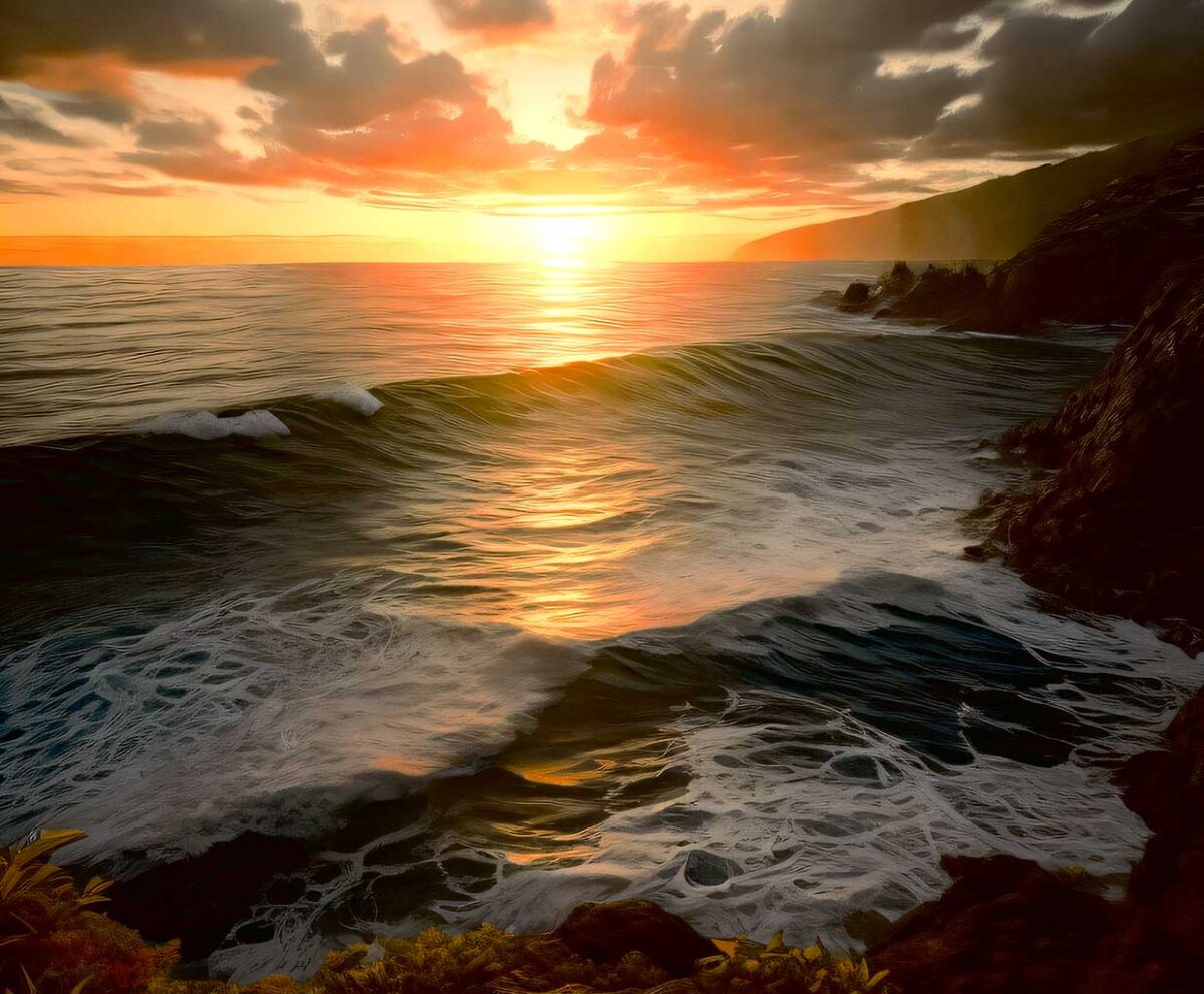 Golden sunset over the ocean with dramatic clouds, soft waves, and rugged cliffs along the shoreline