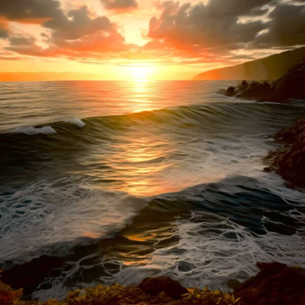 Golden sunset over the ocean with dramatic clouds, soft waves, and rugged cliffs along the shoreline