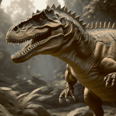 Detailed close up of a roaring dinosaur with spiky ridges in a misty jungle background