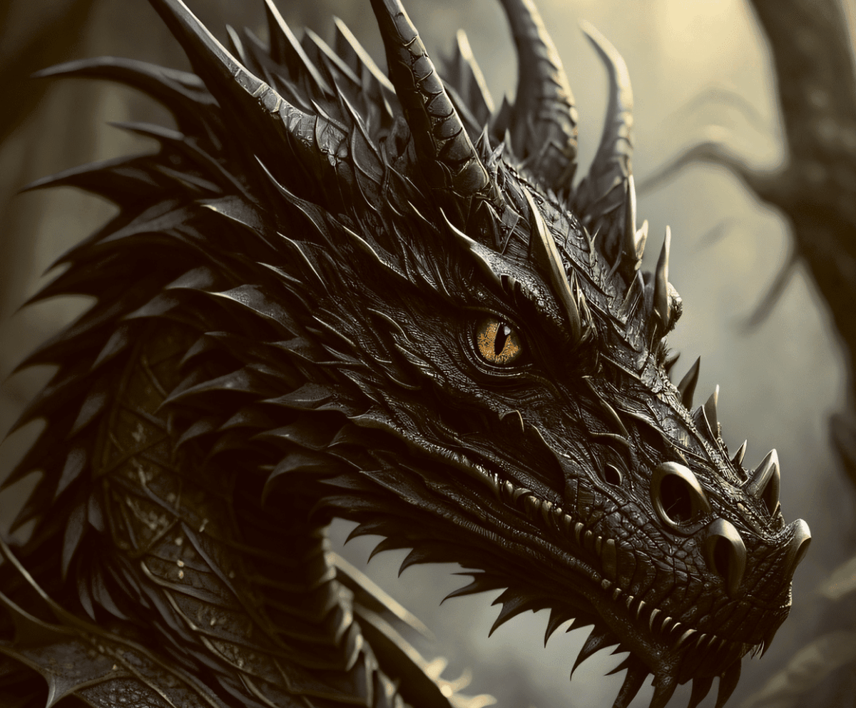 Close-up of fierce black dragon with golden eye, sharp horns, and detailed scales against misty background