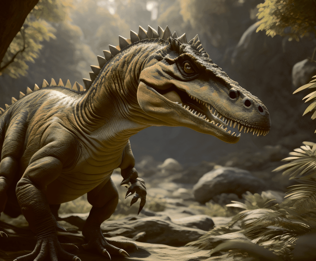 Realistic dinosaur with ridged spine and sharp teeth standing in lush jungle environment