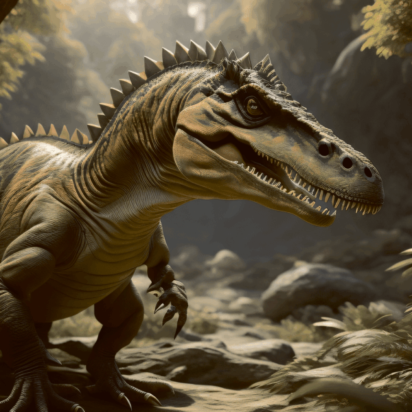 Realistic dinosaur with ridged spine and sharp teeth standing in lush jungle environment