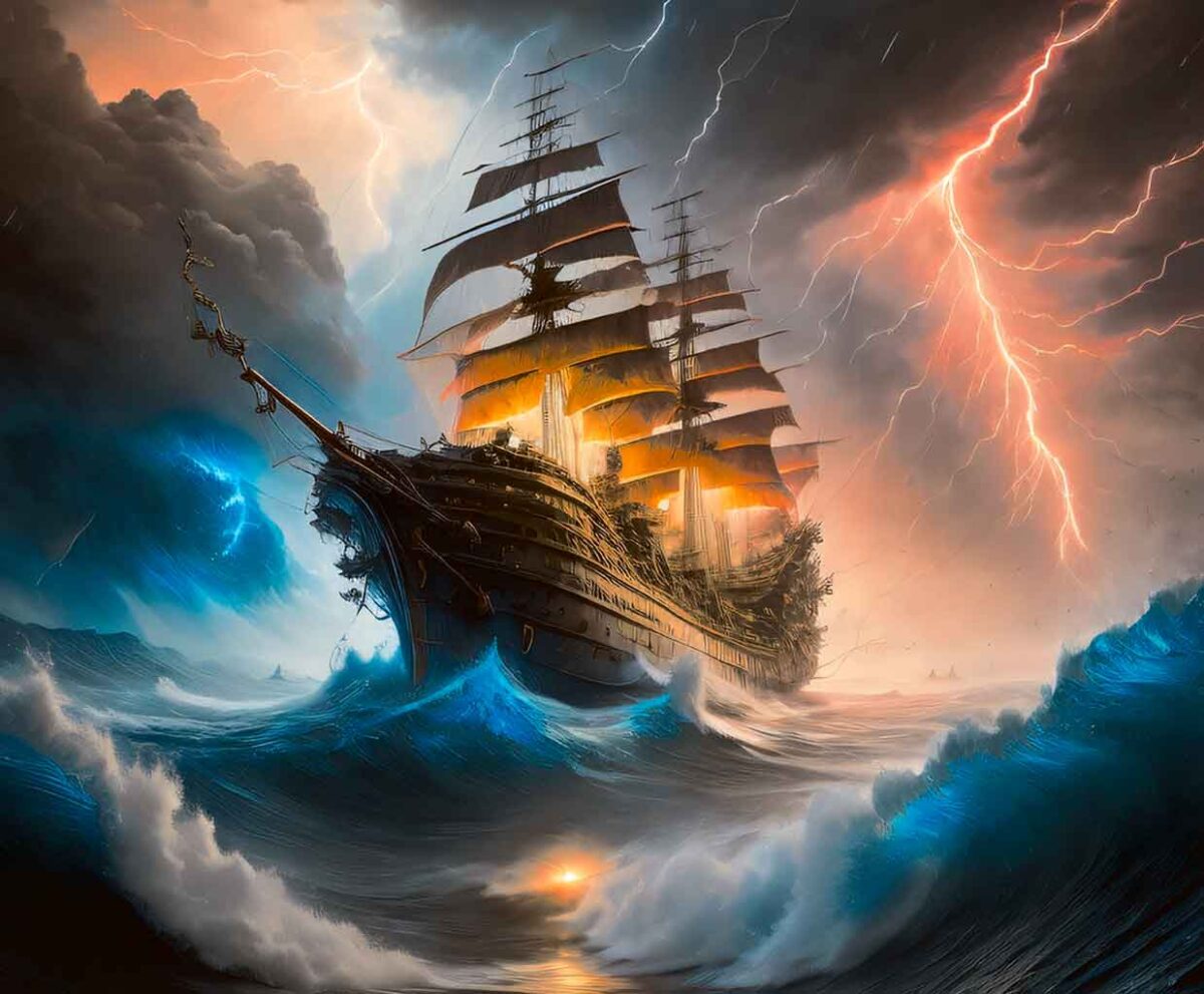 A majestic tall ship battles through a violent ocean storm, surrounded by lightning strikes and towering waves.