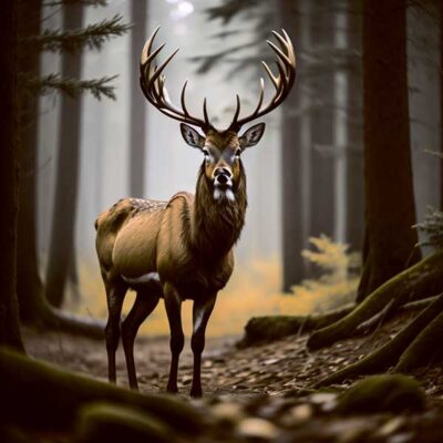 Majestic stag standing alert in a misty forest clearing surrounded by tall trees and mossy ground