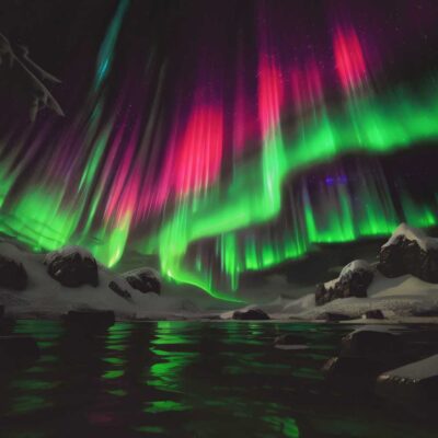 Green and pink aurora borealis streak across the night sky above snowy arctic terrain reflecting vibrantly in icy waters below