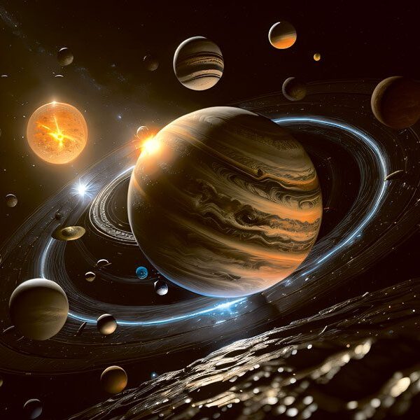 A surreal composition of multiple glowing planets, stars, and a radiant sun orbiting in deep space