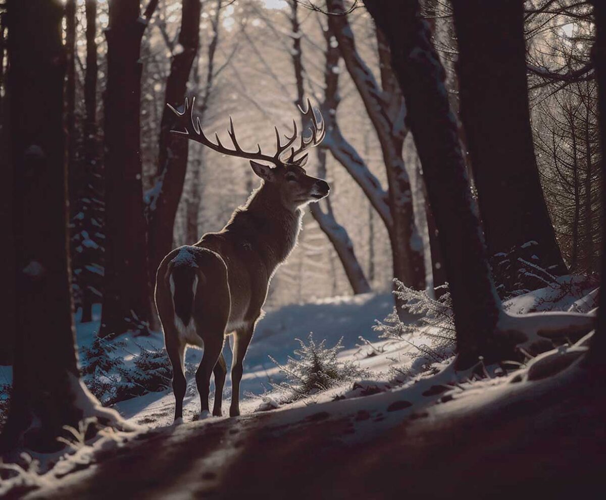 Stag standing proudly in a snow-covered forest with sunlight filtering through the trees