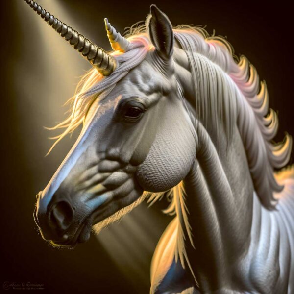 Elegant silver unicorn with pastel mane and glowing horn against a magical light backdrop
