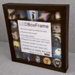 Black LED Box Frame featuring detailed setup instructions for easy use, perfect for displaying artwork with customizable lighting and eco-friendly technology.