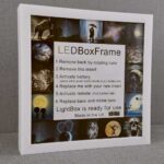White LED Box Frame displaying instructions for use, featuring a customizable light display and eco-friendly materials.