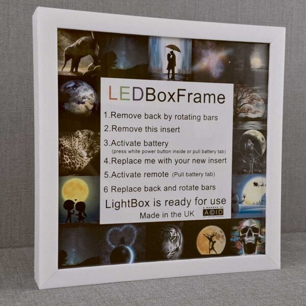 White LED Box Frame showing instructions for setup, including battery activation and remote use, ideal for customizable photo or art displays.