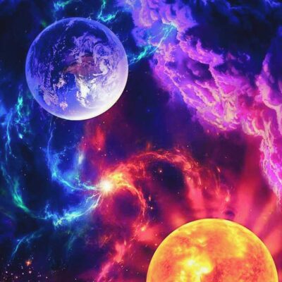 Two planets hover in a galactic nebula surrounded by vibrant purple blue and fiery orange clouds and cosmic energy