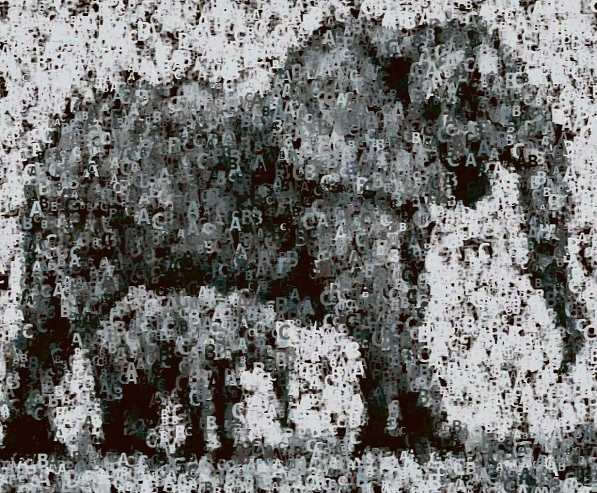 Abstract black-and-white artwork of an elephant and calf created with scattered typographic letters