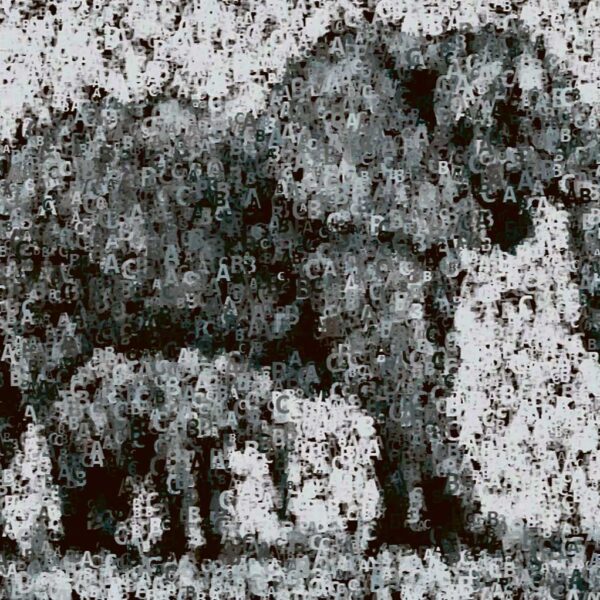 Abstract black-and-white artwork of an elephant and calf created with scattered typographic letters