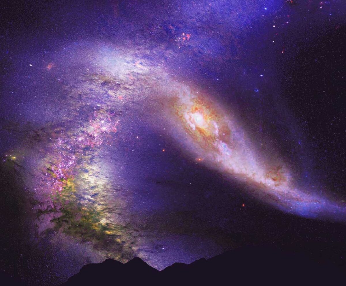 A dramatic cosmic scene of two galaxies colliding in deep space, with vivid purples, golds, and stars set against a mountainous horizon.