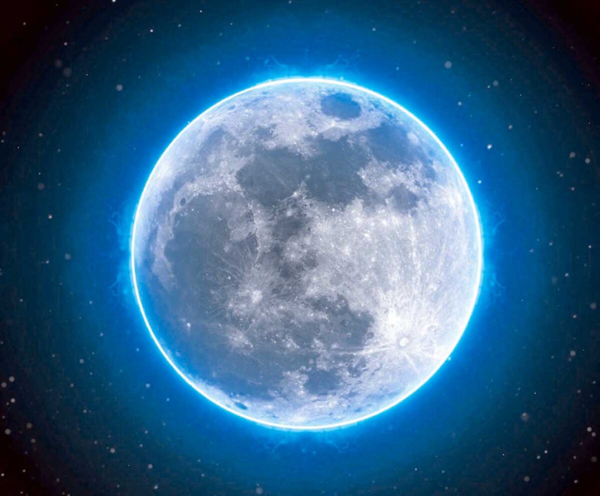 Bright full moon with an electric blue glow surrounded by twinkling stars in a cosmic night sky