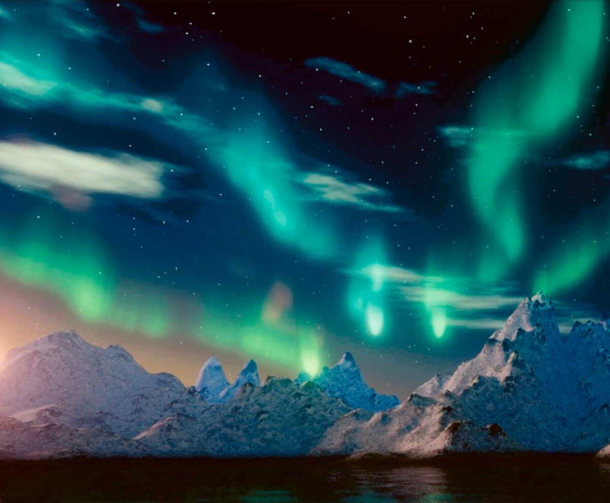 Breathtaking Northern Lights over snowy mountains, perfect for LED Box Frames and nature-inspired decor.