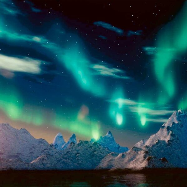 Breathtaking Northern Lights over snowy mountains, perfect for LED Box Frames and nature-inspired decor.