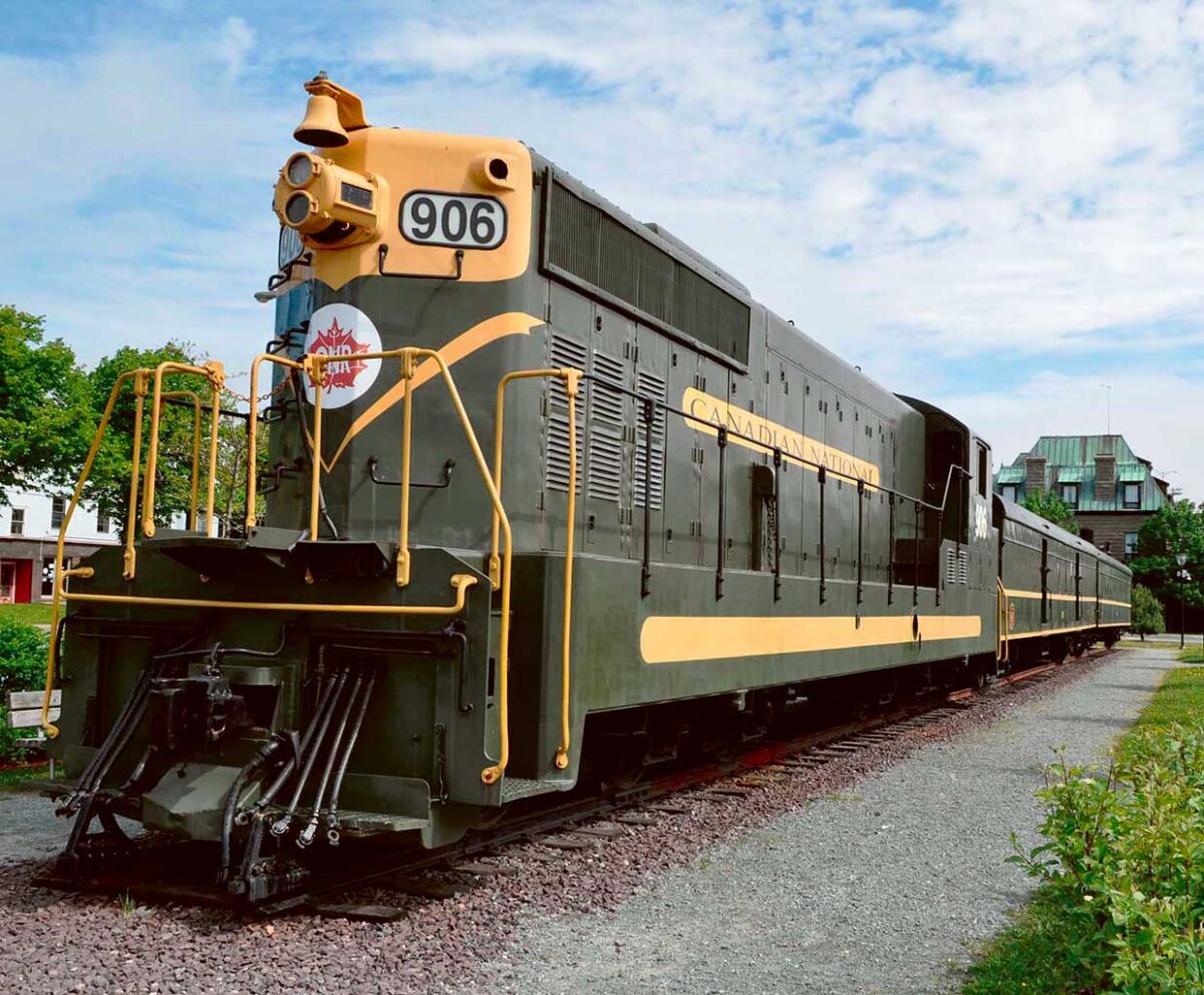 Vintage Canadian train on the tracks, ideal for display in an LED Box Frame for train enthusiasts.