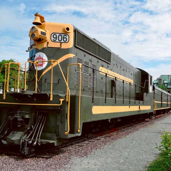 Vintage Canadian train on the tracks, ideal for display in an LED Box Frame for train enthusiasts.