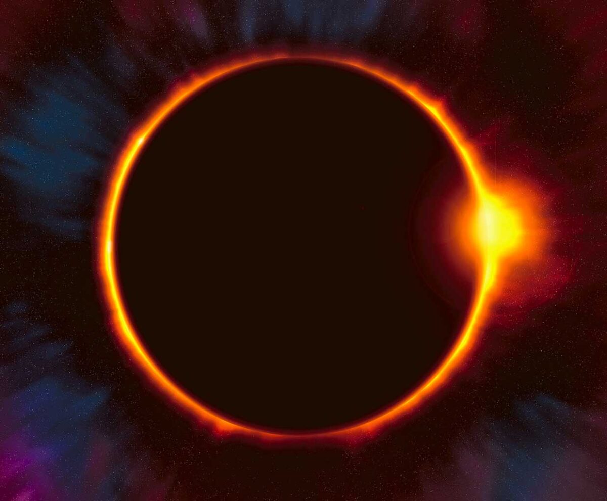 A dramatic solar eclipse with a fiery corona glowing around the moon, casting a vibrant halo against a star-speckled space background.