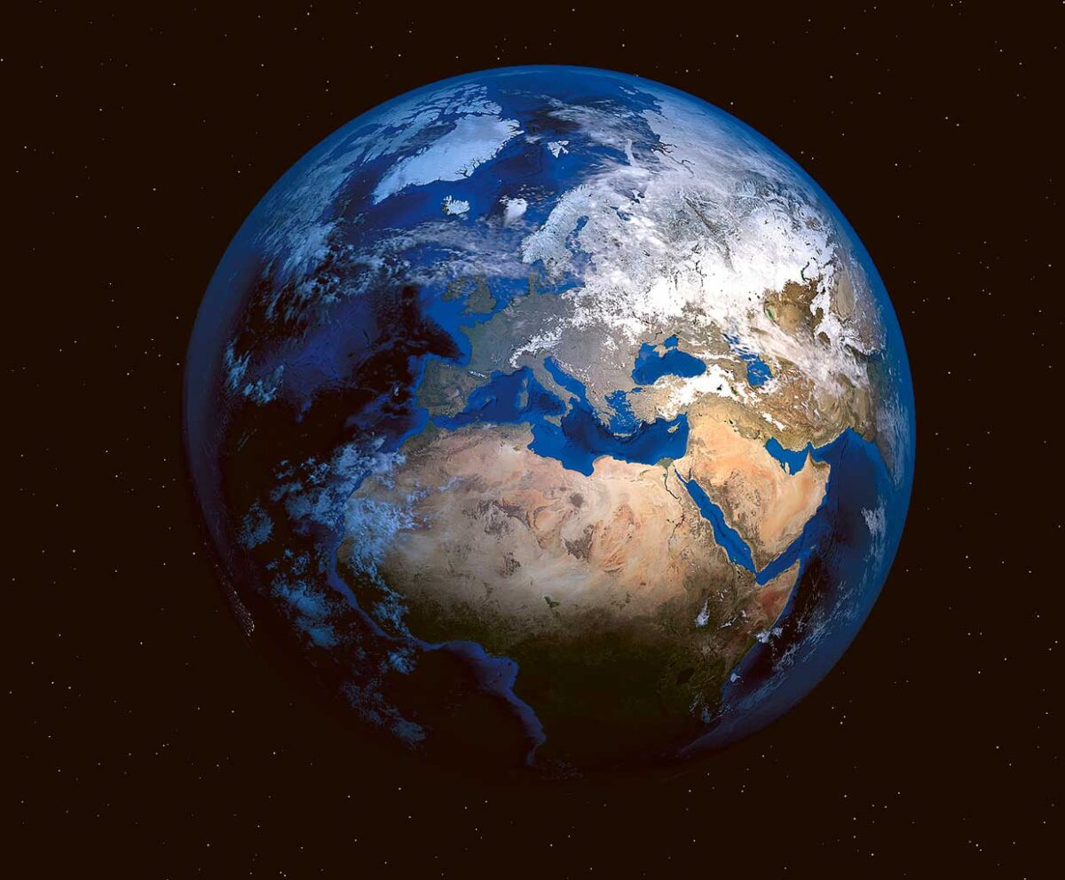 A high-definition image of Earth from space, showing detailed continents, oceans, and atmospheric layers.