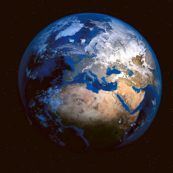 A high-definition image of Earth from space, showing detailed continents, oceans, and atmospheric layers.