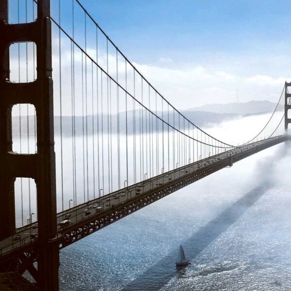 Golden Gate Bridge standing tall amidst the mist, captured in stunning clarity and displayed in an LED Box Frame for your modern home decor.