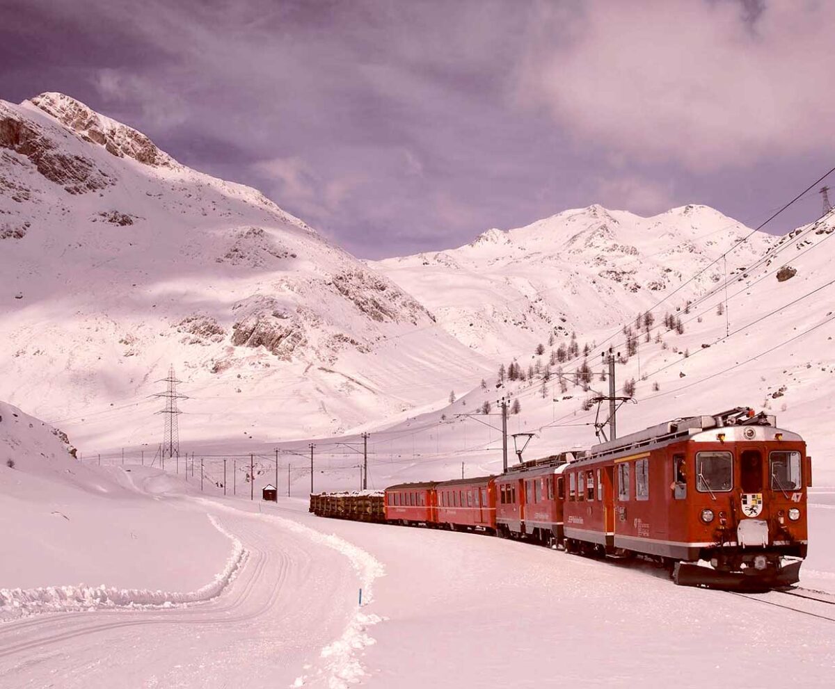 Siberian train navigating a snow-covered mountain landscape, perfect for LED Box Frame display.