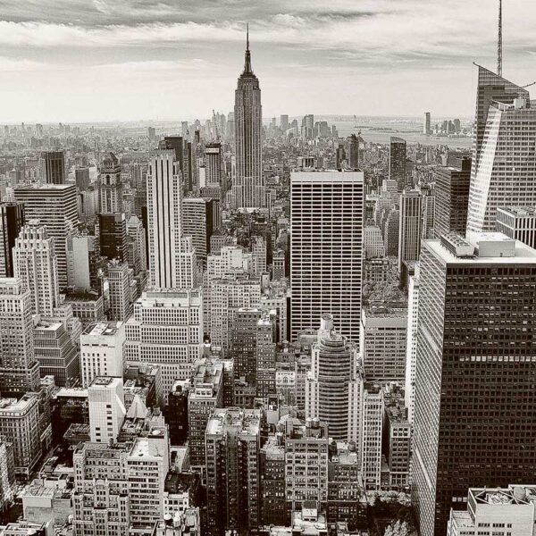 Black and white aerial view of Manhattan skyline with iconic skyscrapers captured in an LED Box Frame, perfect for urban and modern decor.