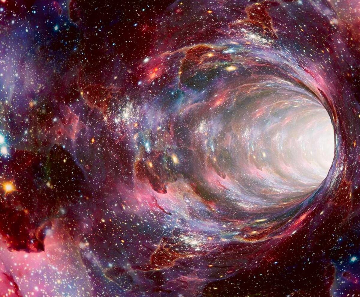 An awe-inspiring image of a cosmic wormhole, with swirling galaxies and stars leading to the unknown.