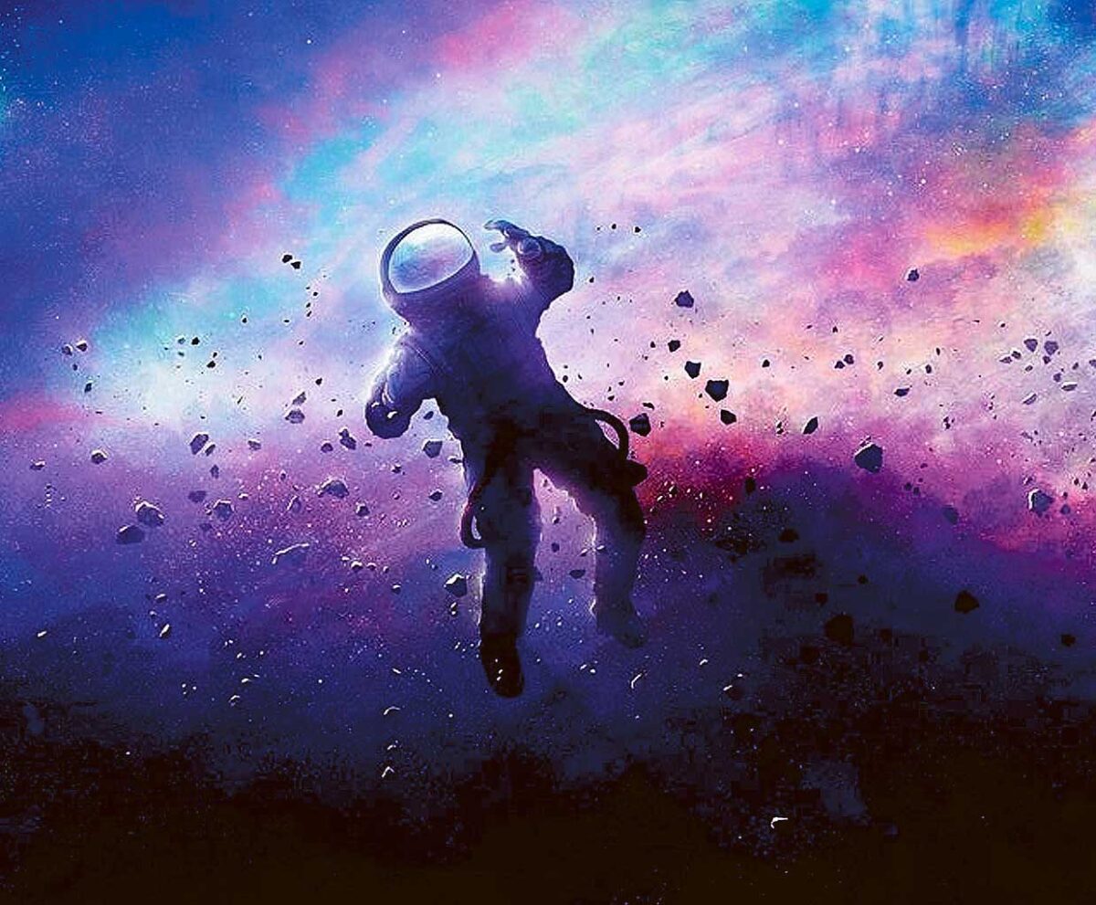 An astronaut floating in space among asteroids and colorful cosmic clouds.