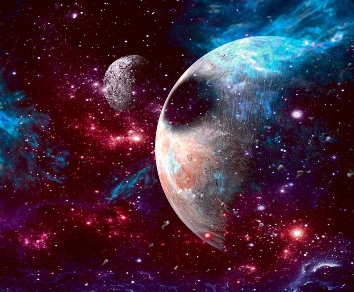 A beautiful space scene with planets and nebula clouds, perfect for display with LED Box Frame’s customizable lighting.