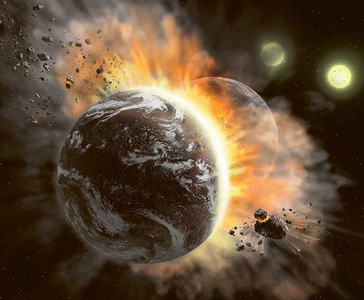 A dramatic image of a planet surrounded by explosions, asteroids, and distant stars, capturing the powerful forces of space.