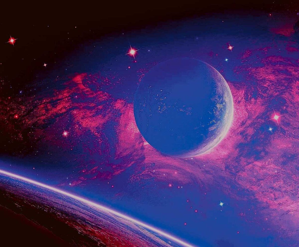 Colorful image of a distant planet in space with stars and nebula.