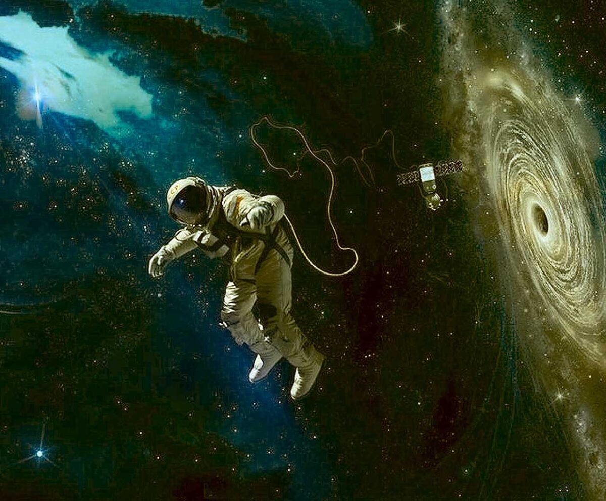 Astronaut floating in space near a swirling galaxy, captured in a LED Box Frame design.