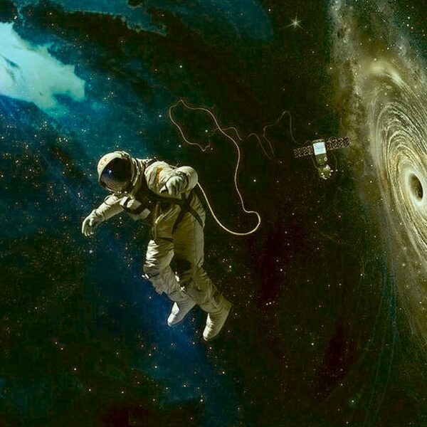 Astronaut floating in space near a swirling galaxy, captured in a LED Box Frame design.